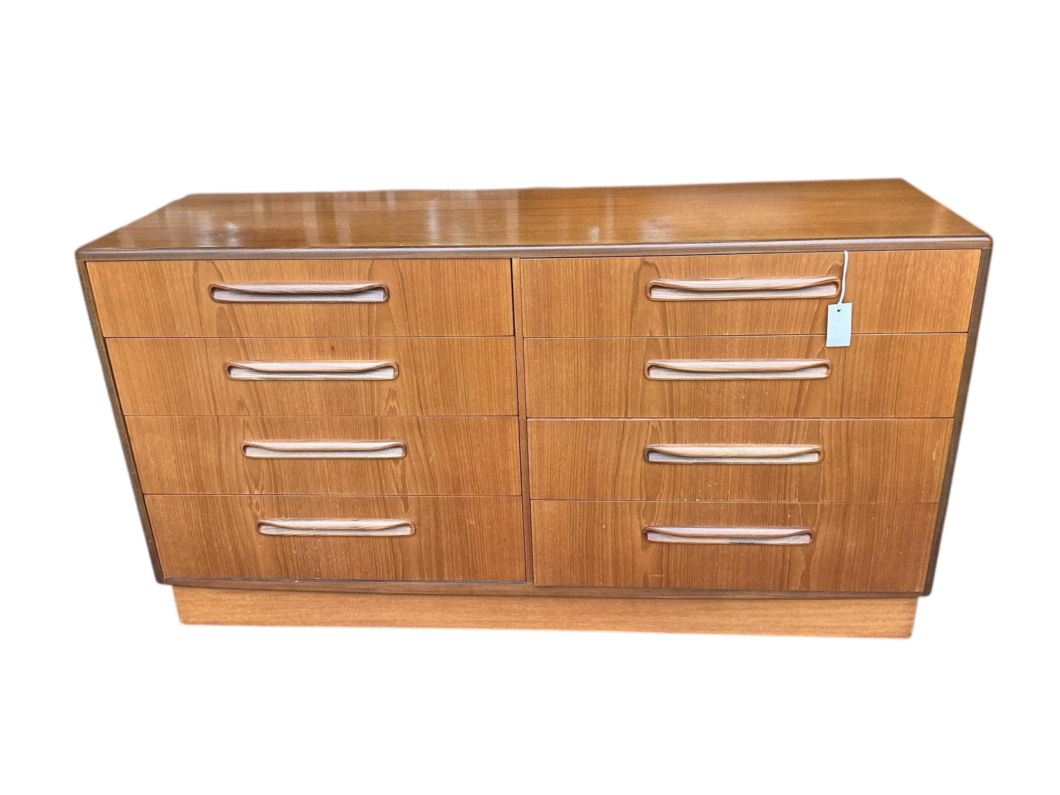A mid century G Plan Fresco teak eight drawer chest, width 142cm, depth 44cm, height 76cm